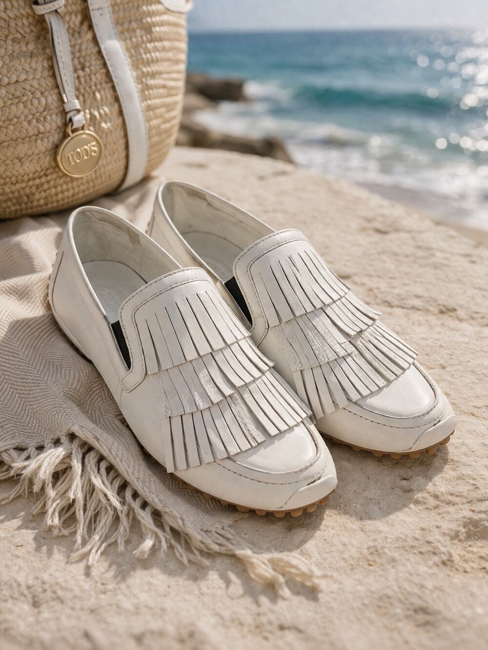 Tod’s White Leather Fringe Kiltie Loafers Slip On Driver Shoes EU 36